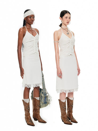 Cotton Jacquard Ruffled Vest – V-Neck Halterneck Lace Camisole Top