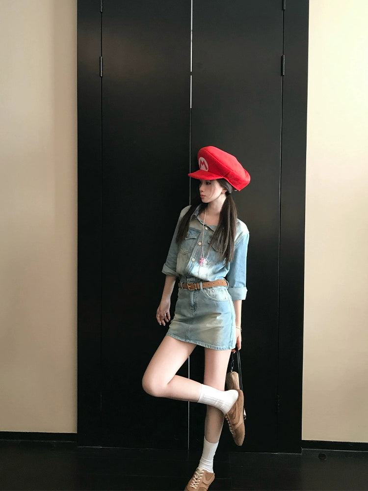 [90s High Beauty Hot Girl] Short Denim Dress - Heavy Industry Collar Style