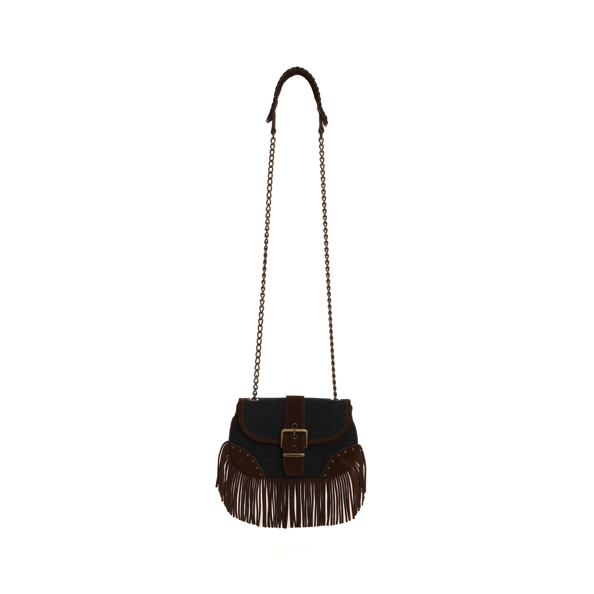 Twill Denim Suede Tassel Crossbody Bag