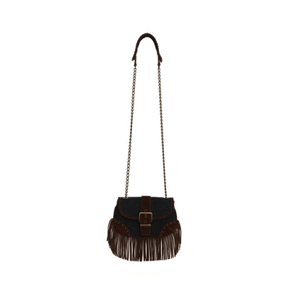 Twill Denim Suede Tassel Crossbody Bag