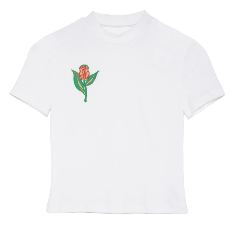 T-shirt à manches courtes blanches de tulipe peinte à la main