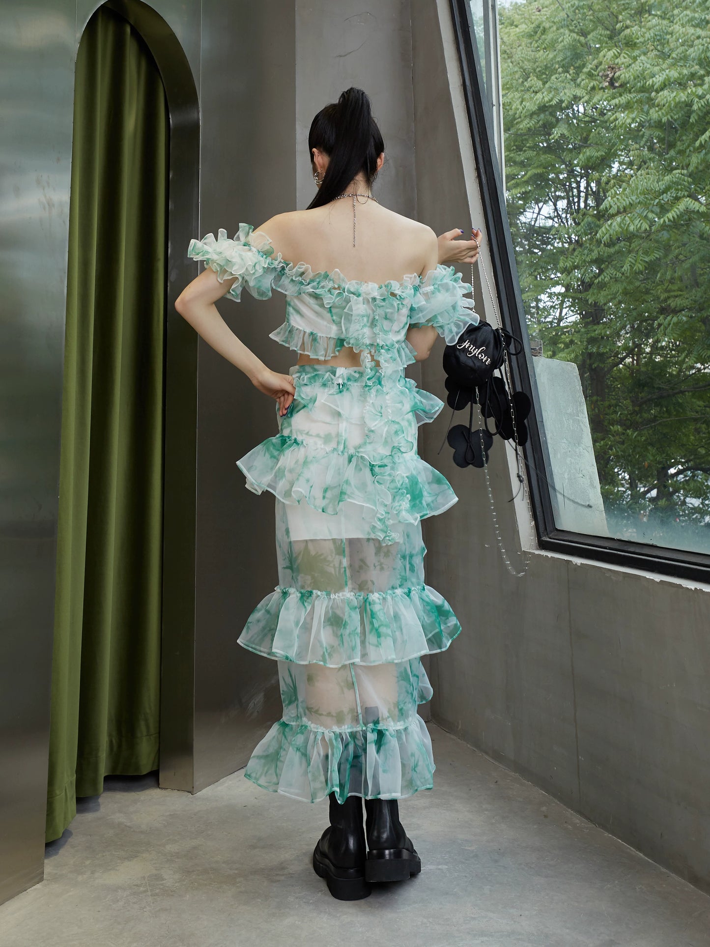 Mint Candy Organza Split Ruffle Edge Skirt