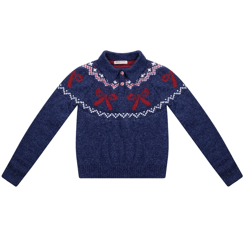 Suéter con cuello tipo polo con lazo Fair Isle | Diseño retro de Navidad/Año Nuevo suave y grueso para otoño/invierno