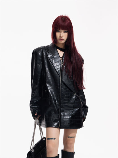 High-End Silhouette - Crocodile Print PU Leather Suit