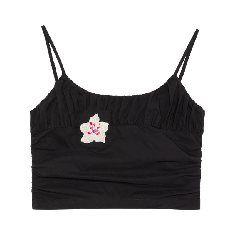 Cherry Blossom Embroidery Black Strap Tank Top