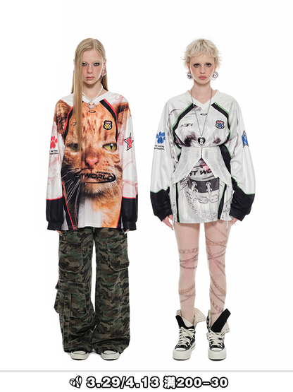 Big Cat Face Print Satin Long Sleeve – American Street V-Neck Sports Tee