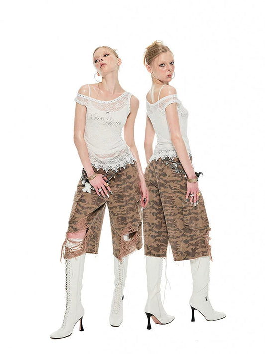 Asymmetrical Lace Layered Vest – Slanted Shoulder Light Sheer Top