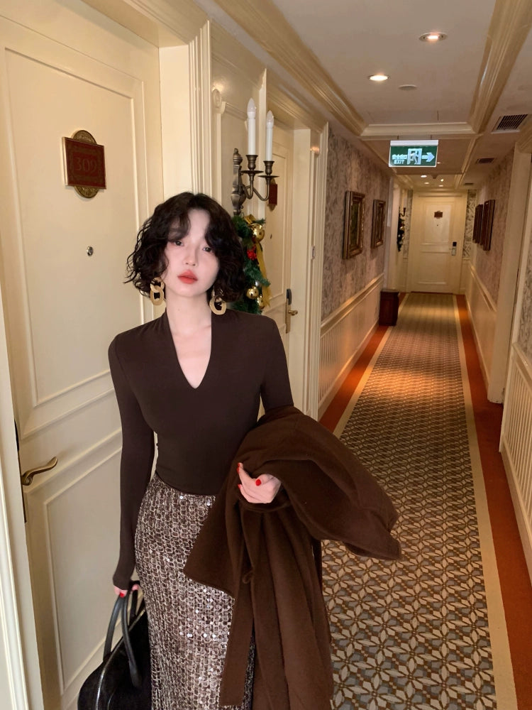 Deep V-Neck Long-Sleeve Knit Sweater (Between the Lines Edition)