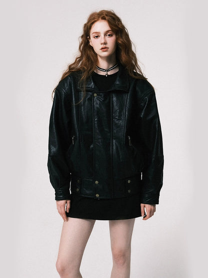 Vintage PU Padded Leather Jacket - Black