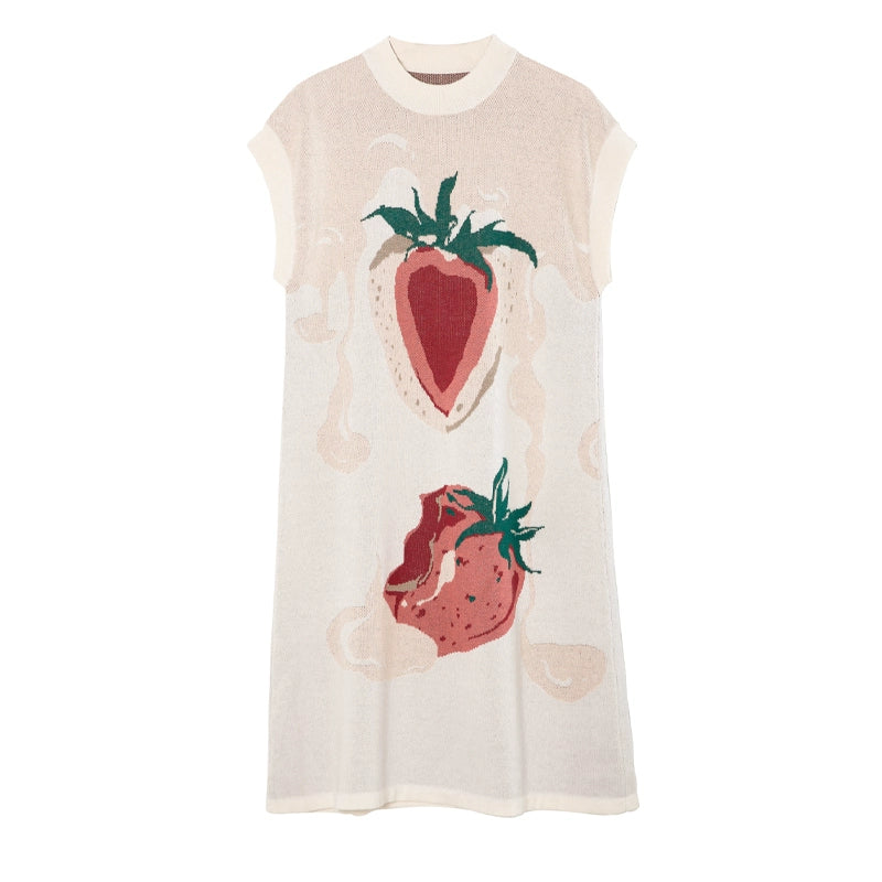 Cream Strawberry: Round Neck Knitted Dress