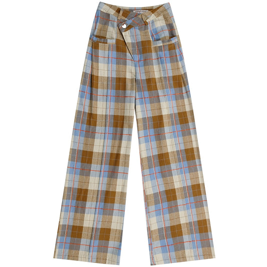 Retro Plaid Wool Pants | Blue & Brown High Waist Slim Fit for Autumn/Winter