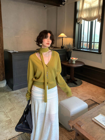 Soft Wool Knit Cardigan with Neck Strap – Hong Kong Retro Autumn Cropped Style