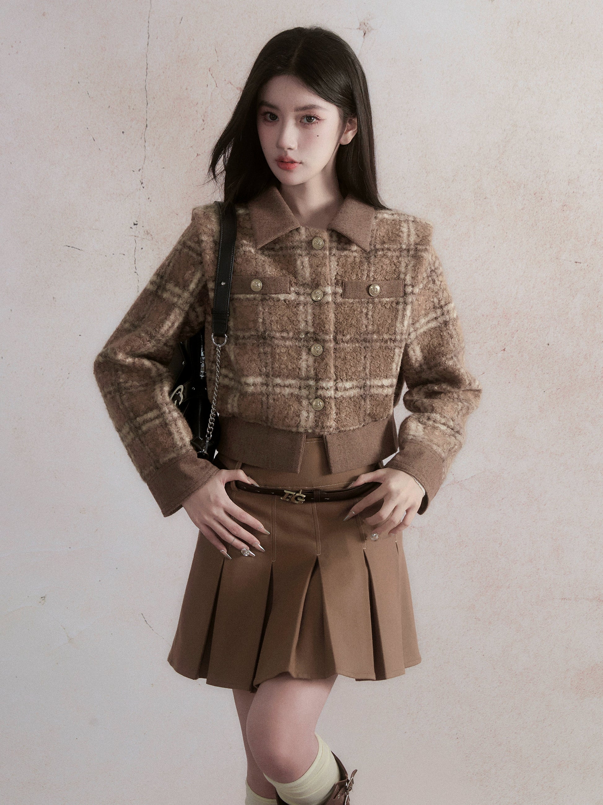 Gossip Girl Maillard Retro Plaid Short Coat