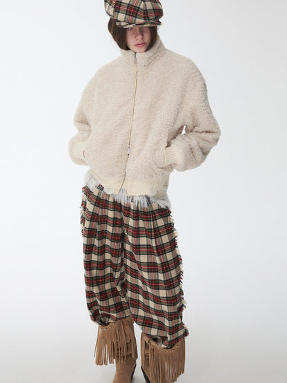 Stand-Collar Faux Shearling Cropped Jacket