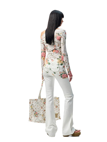 Resort Floral Sheer One-Shoulder Smock – Slim Fit Long Sleeve Midi Top