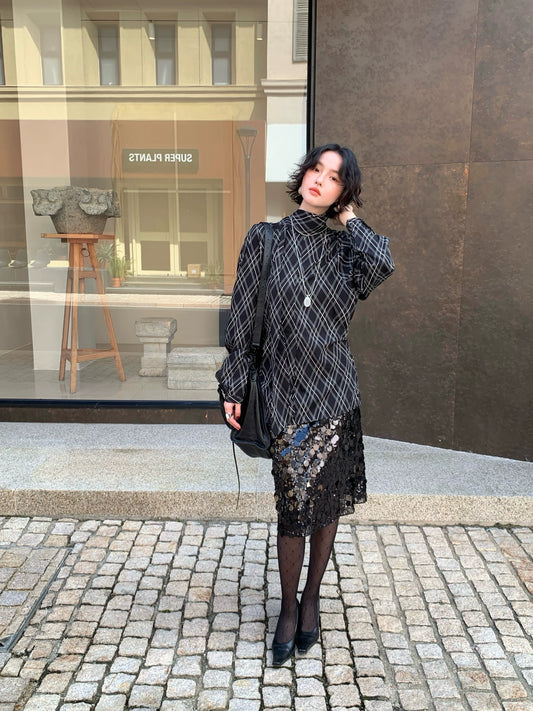 Golden Waltz Sequin Midi Bodycon Skirt – Retro Autumn Evening Style