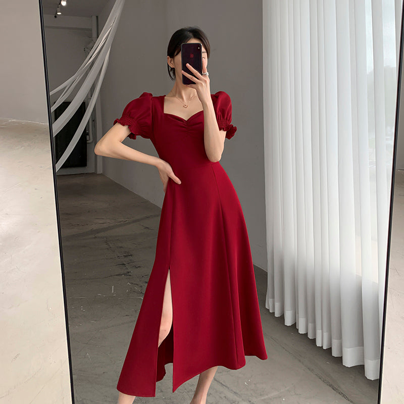 Red Square Neck Puff Sleeve Skirt