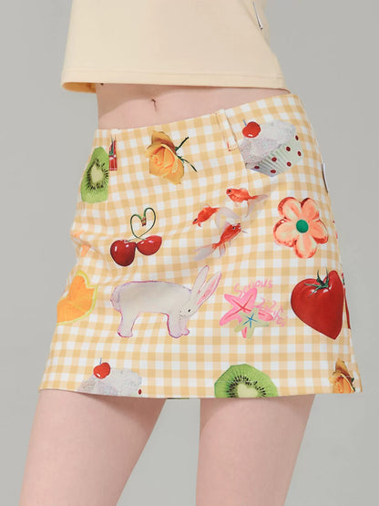 Falda corta con estampado de frutas Estilo de verano ajustado de cintura alta amarillo retro |