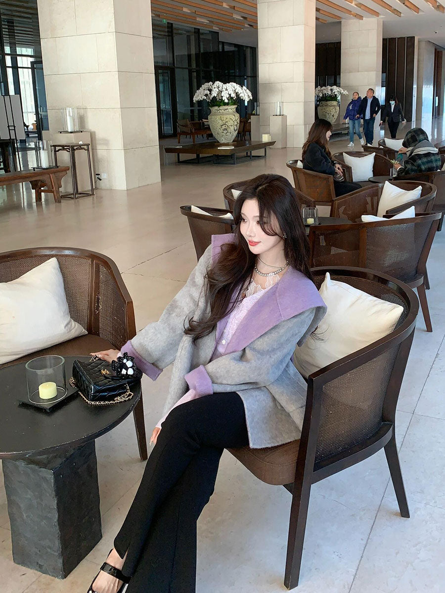 Reversible Cashmere Coat – Petite Lace-Up Woolen Winter Jacket