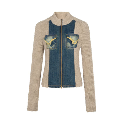 Early Autumn Vintage High Grade Zipper Cardigan Denim Panel Sweater