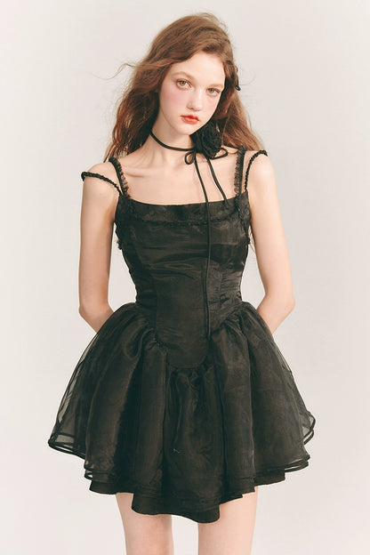 Iced Glaze Elegance - Black & White Organza Dress