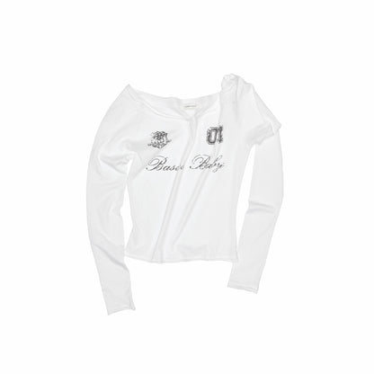 One-Shoulder Badge Graphic Long Sleeve Top