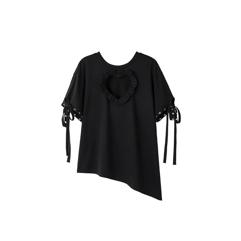 Chest Cutout Heart T-Shirt – Loose Fit with Irregular Hem Design