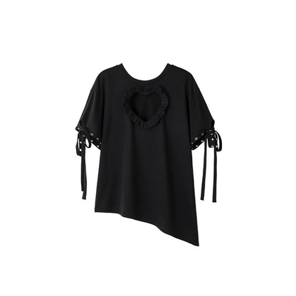 Chest Cutout Heart T-Shirt – Loose Fit with Irregular Hem Design