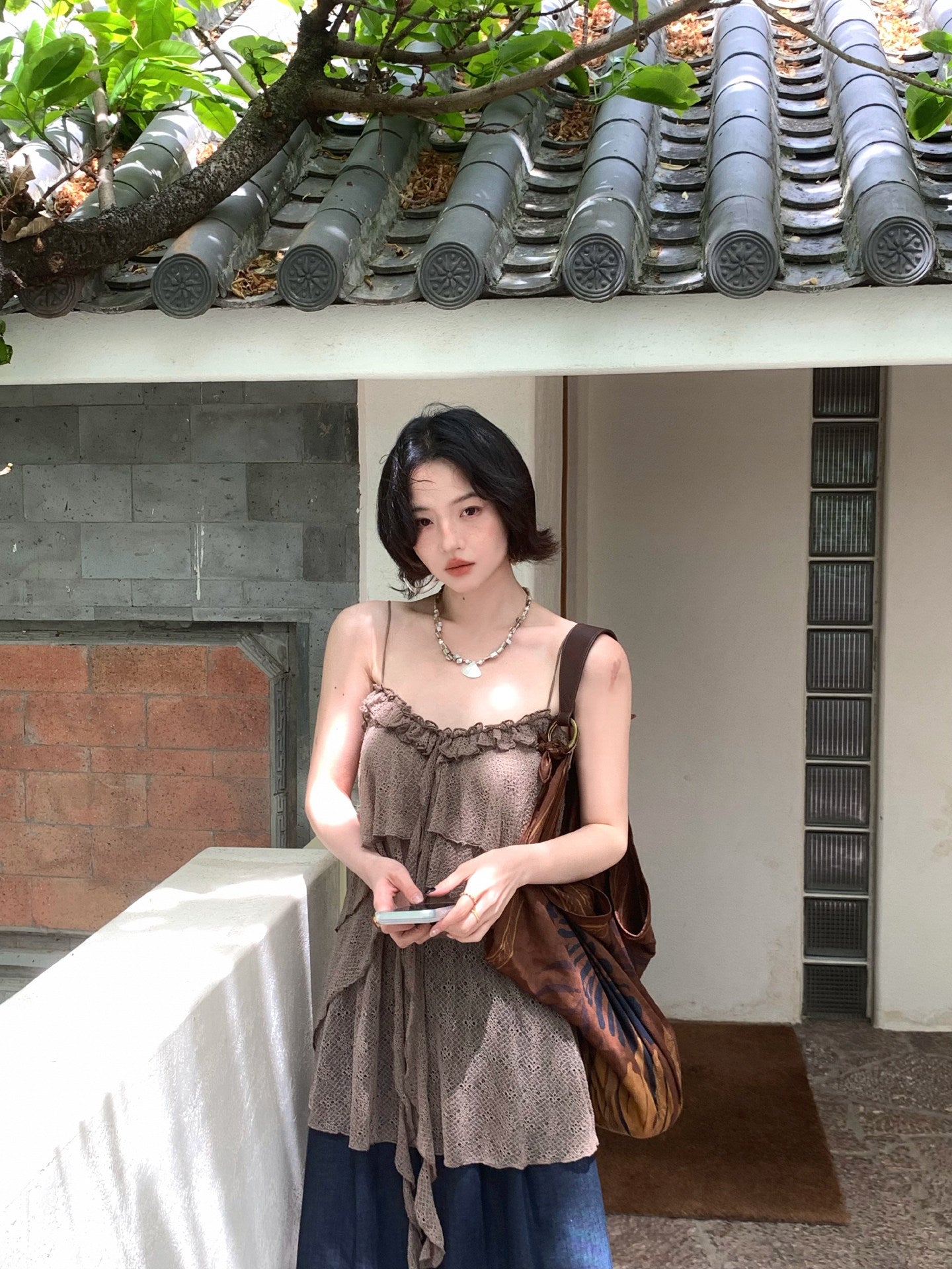 Tan Shi Yu Vintage Brown Tie-Front Camisole
