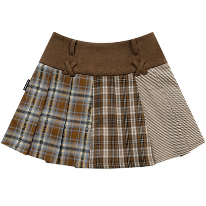 Checkered Wool Pleated Skirt | Retro Spliced ​​Design for Autumn/Winter