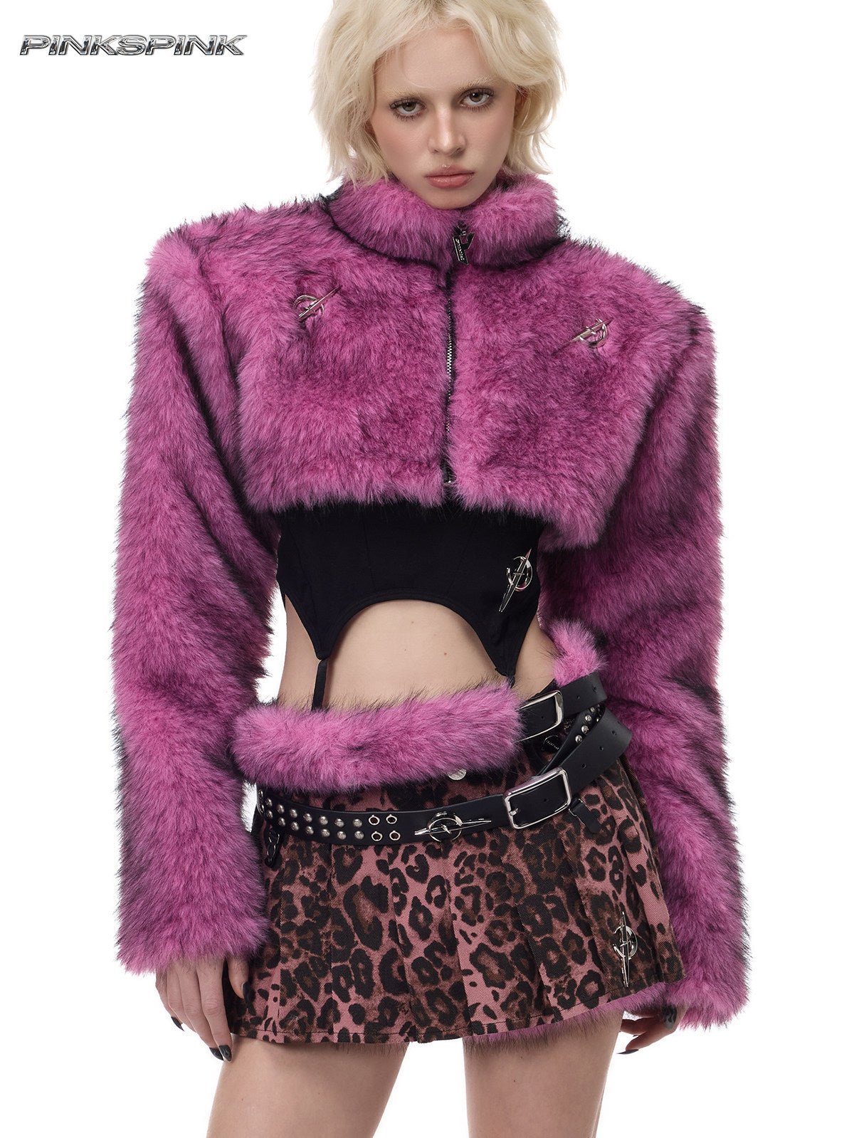 Detachable Pink Leopard Fur Y2K Mini Skirt / Pants Hybrid