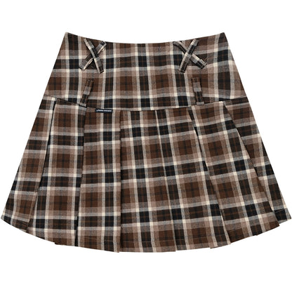 Brown Checkered A-Line Skirt | High Waist Slim Fit Retro Pleated Design for Autumn/Winter