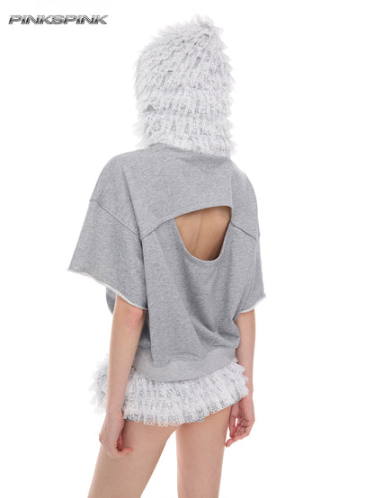 Lace-Trim Hooded Backless Punk Ballet Sporty Y2K Tee
