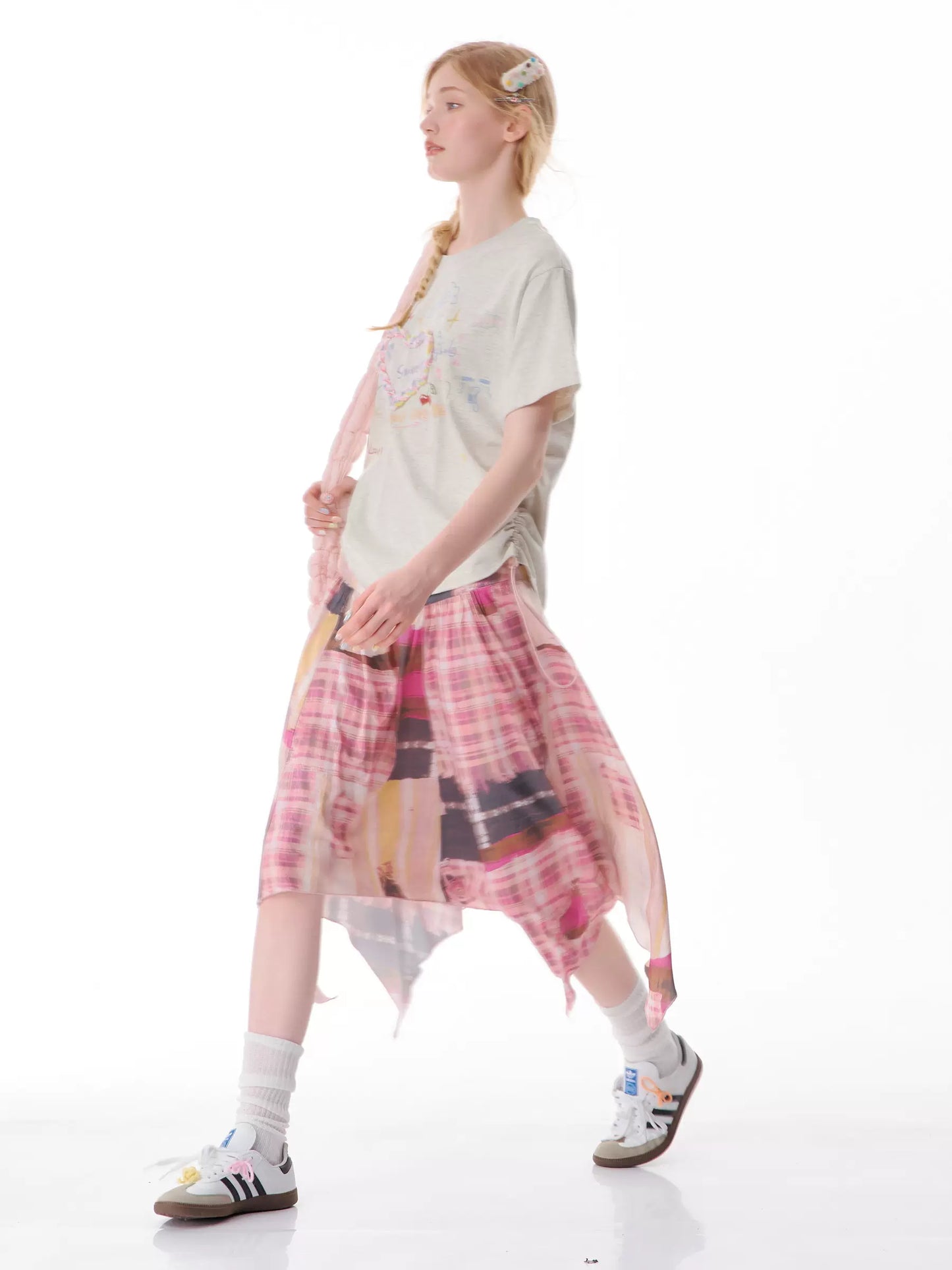 Contrast Plaid Skirt | High Waist Slim Fit Medium Length Pink Design