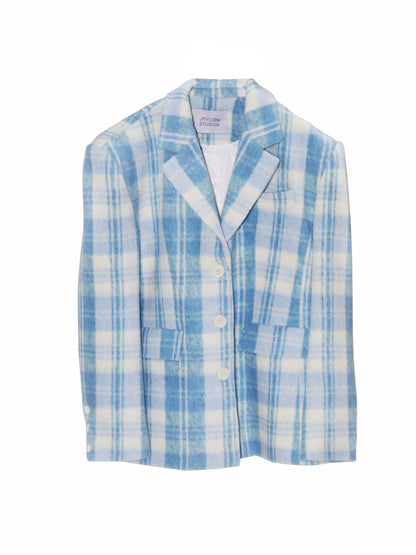 Sky Blue Bed Single Plaid Wool Ni Jacket