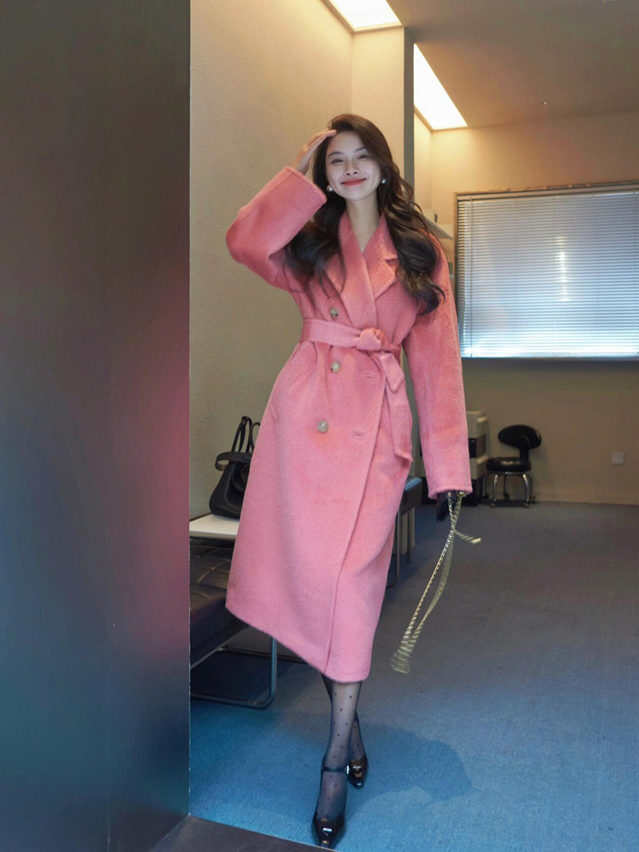 Pink Double-Sided Cashmere Coat – Hepburn-Style Mid-Length Elegance