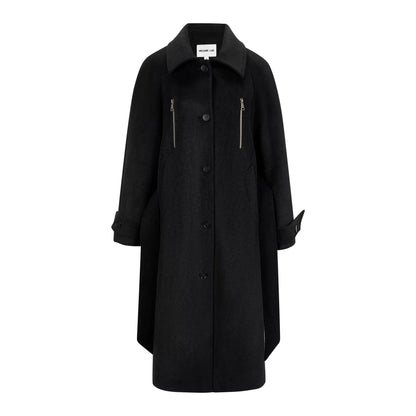 Simple Raglan Sleeves Long Black Fleece Coat