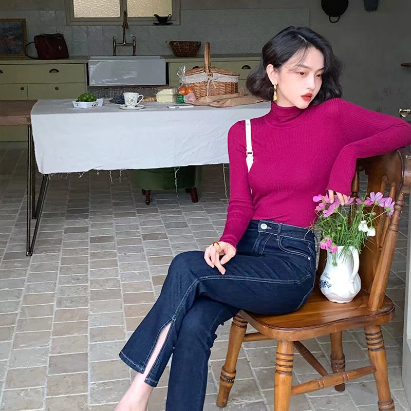 Turtleneck Fitted Knit Top – Classic Long Sleeve Base Layer