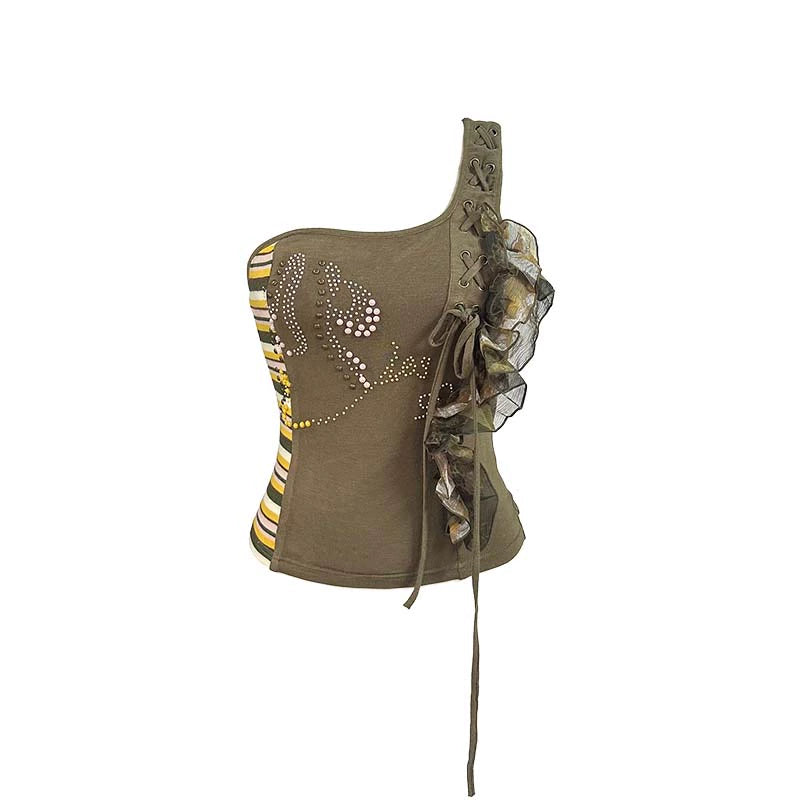 Diamond-Pattern One-Shoulder Cami – Lace Gauze Texture