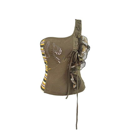 Diamond-Pattern One-Shoulder Cami – Lace Gauze Texture