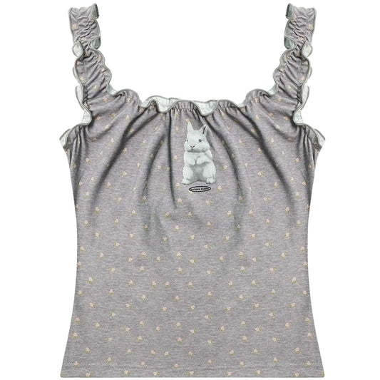 Rabbit Printed Sleeveless Top | Floral Ear Side Retro Tank Design for Summer