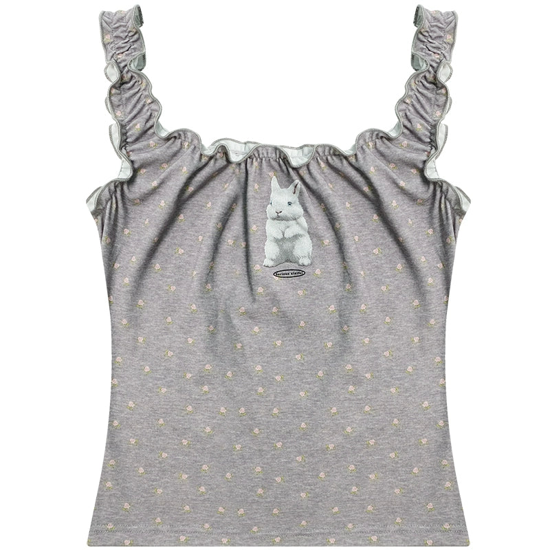 Rabbit Printed Sleeveless Top | Floral Ear Side Retro Tank Design for Summer