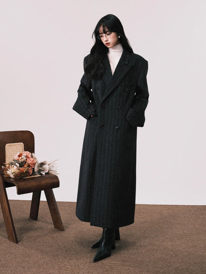 Dark Grey Vertical Stripe Double-Breasted Long Wool Coat