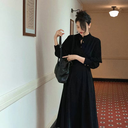 French Retro Stand-Collar Long Sleeve Dress – Elegant Waist-Cinched Midi