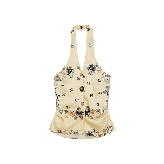 [Sister's Date Night] Cross Halterneck Sleeveless Top + Waist-Cinching Strapless Print Tank