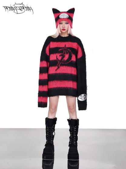 Electric Moon Black and Pink Striped Rock Punk Loose Unisex Y2K Sweater
