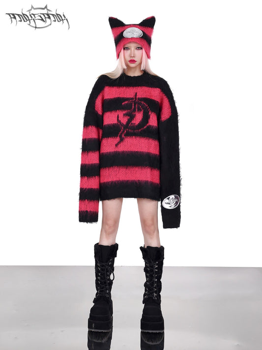 Electric Moon Black and Pink Striped Rock Punk Loose Unisex Y2K Sweater