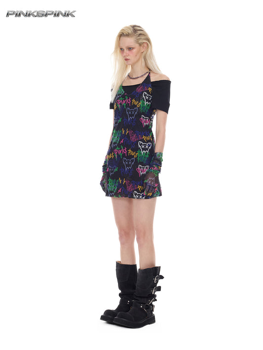 Graffiti Halter-Neck Elastic Punk Y2K Dress – Hot Girl Edition