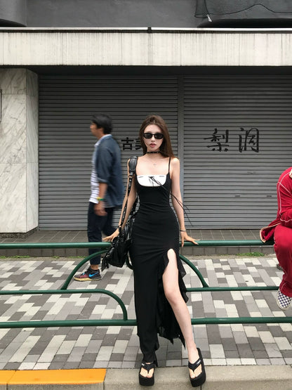 [Mermaid Sister] Black Sexy Hip-Hugging Strap Long Dress