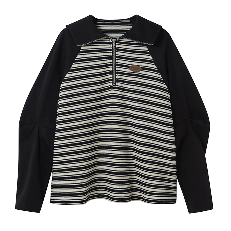 Striped Lapel - Black Hoodie with Zipper